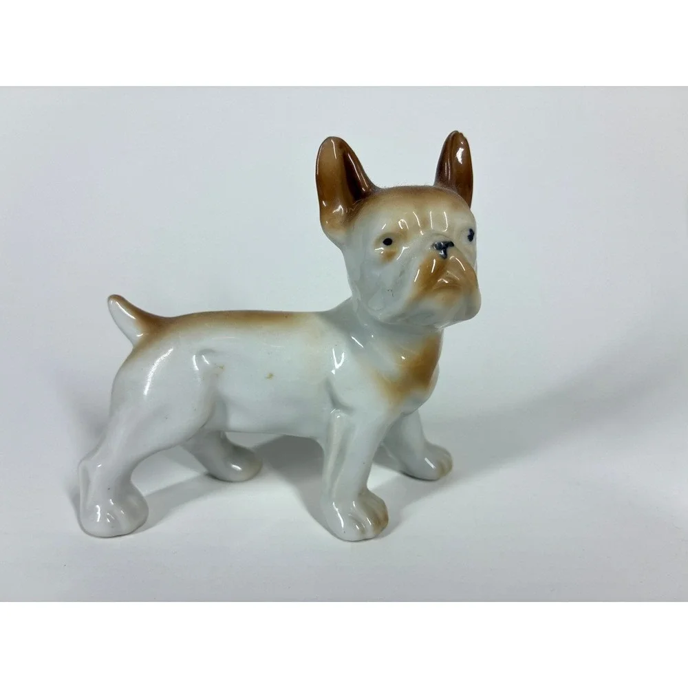 Vintage Japanese Porcelain French Bulldog Figurine White Brown Hand Painted